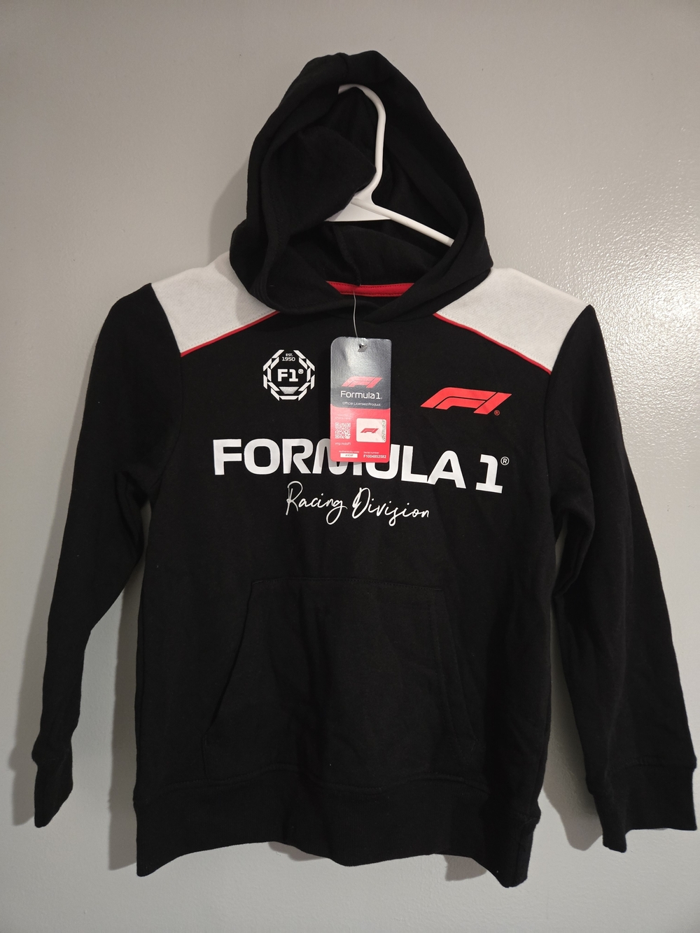 Formula 1 Kids Black Hooded Pullover with Red & White Accents